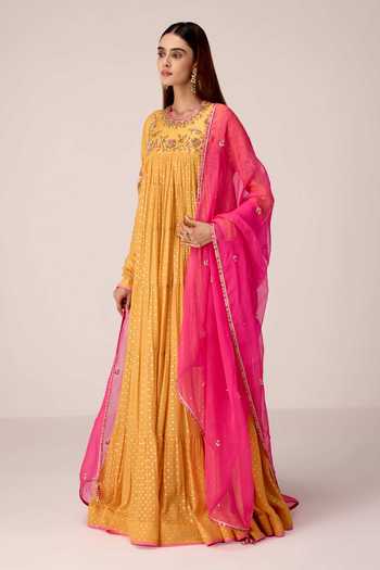 Buy Shyam Narayan Prasad Yellow Silk, Organza, Viscose, Chinon Round Zardozi Embroidered Anarkali Set Online at Aza Fashions Buy_Shyam Narayan Prasad_Yellow Silk, Organza, Viscose, Chinon Round Zardozi Embroidered Anarkali Set _Online_at_Aza_Fashions