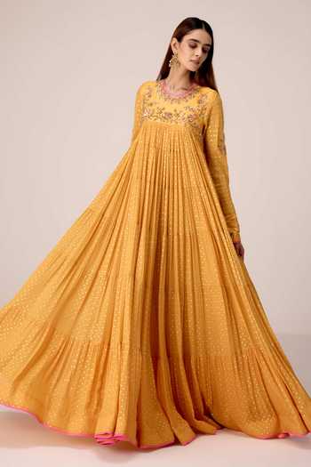 Buy Shyam Narayan Prasad Yellow Silk, Organza, Viscose, Chinon Round Zardozi Embroidered Anarkali Set Buy_Shyam Narayan Prasad_Yellow Silk, Organza, Viscose, Chinon Round Zardozi Embroidered Anarkali Set