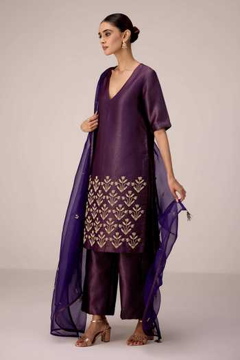 Shop Shyam Narayan Prasad Purple Organza, Brocade V-neck Zardozi Work Kurta Set Online at Aza Fashions Shop_Shyam Narayan Prasad_Purple Organza, Brocade V-neck Zardozi Work Kurta Set _Online_at_Aza_Fashions