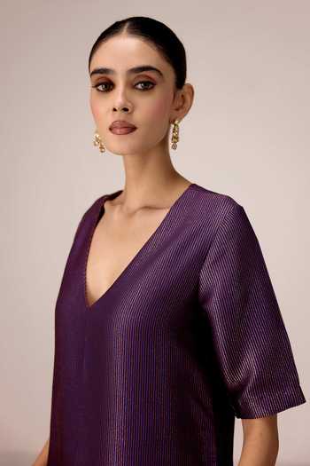 Buy Shyam Narayan Prasad Purple Organza, Brocade V-neck Zardozi Work Kurta Set Buy_Shyam Narayan Prasad_Purple Organza, Brocade V-neck Zardozi Work Kurta Set