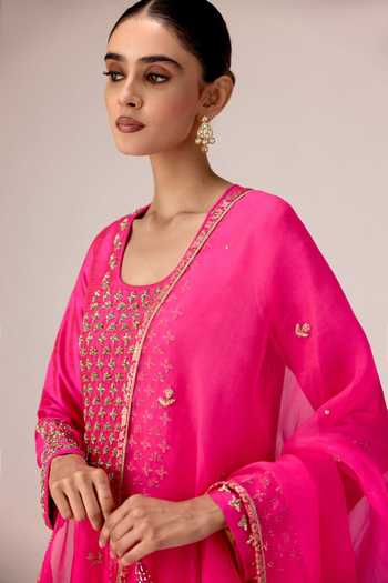 Buy Shyam Narayan Prasad Pink Silk, Organza, Brocade Scoop Neck, Yes Zardozi Embroidered Kurta Set Buy_Shyam Narayan Prasad_Pink Silk, Organza, Brocade Scoop Neck, Yes Zardozi Embroidered Kurta Set