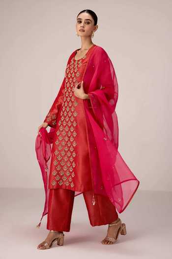 Buy Shyam Narayan Prasad Red Organza, Brocade Round Neck Zardozi Embroidered Kurta Set Online at Aza Fashions Buy_Shyam Narayan Prasad_Red Organza, Brocade Round Neck Zardozi Embroidered Kurta Set _Online_at_Aza_Fashions