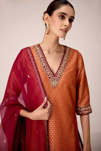 Shyam Narayan Prasad Orange Silk, Brocade, Chinon, Organza V-neck Zardozi Embroidered Kurta Set at Aza Fashions Shyam Narayan Prasad_Orange Silk, Brocade, Chinon, Organza V-neck Zardozi Embroidered Kurta Set _at_Aza_Fashions