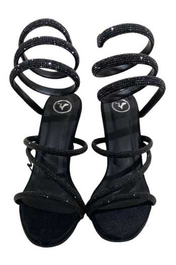 Shop Sana K Luxurious Footwear Black Crystals Panther Stone Embellished Spring Strap Heels at Aza Fashions Shop_Sana K Luxurious Footwear_Black Crystals Panther Stone Embellished Spring Strap Heels _at_Aza_Fashions