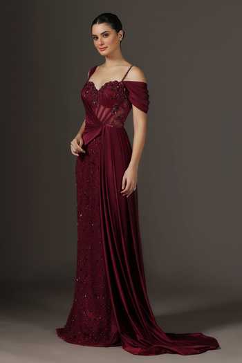Pooja Peshoria_Red Crepe, Satin, Net, Polyester Sequins, Beads, Corseted Bodice Draped Gown _Online_at_Aza_Fashions