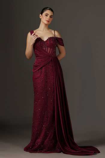Buy_Pooja Peshoria_Red Crepe, Satin, Net, Polyester Sequins, Beads, Corseted Bodice Draped Gown _Online_at_Aza_Fashions