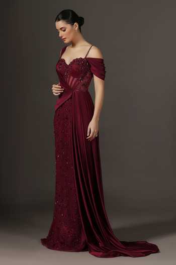 Shop_Pooja Peshoria_Red Crepe, Satin, Net, Polyester Sequins, Beads, Corseted Bodice Draped Gown _Online_at_Aza_Fashions