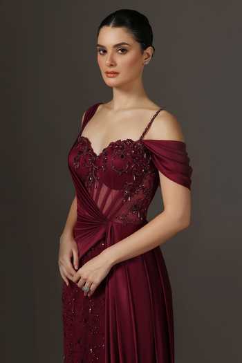 Pooja Peshoria_Red Crepe, Satin, Net, Polyester Sequins, Beads, Corseted Bodice Draped Gown _at_Aza_Fashions