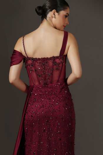 Buy_Pooja Peshoria_Red Crepe, Satin, Net, Polyester Sequins, Beads, Corseted Bodice Draped Gown 