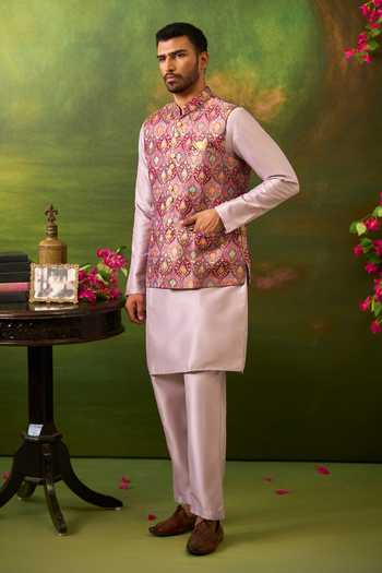 Shop_Arihant Rai Sinha_Pink Silk, Jacquard Mughal Woven Bundi And Kurta Set 
