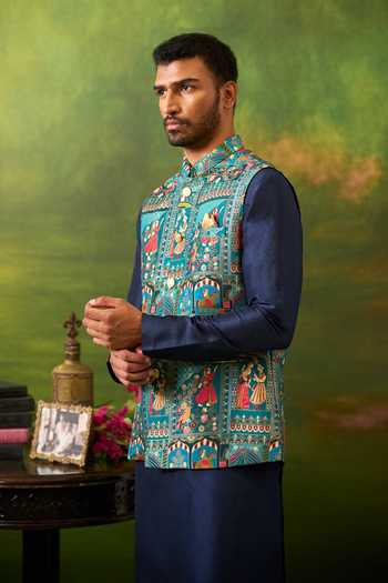 Shop_Arihant Rai Sinha_Blue Jacquard, Silk Abstract Woven Bundi And Kurta Set 