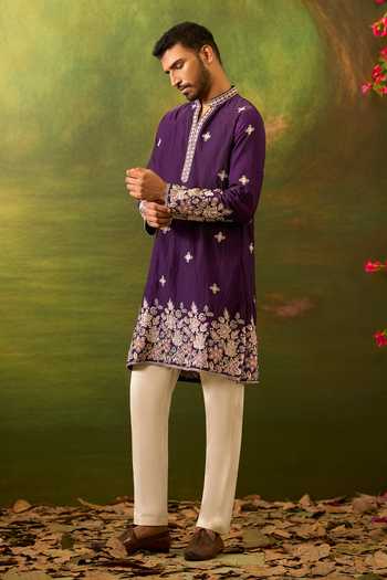 Buy_Arihant Rai Sinha_Purple Silk Floral Pattern Kurta Set _Online_at_Aza_Fashions