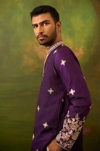 Shop_Arihant Rai Sinha_Purple Silk Floral Pattern Kurta Set _Online_at_Aza_Fashions