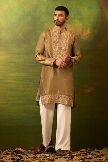 Shop_Arihant Rai Sinha_Brown Silk Embroidered Kurta Set _Online_at_Aza_Fashions