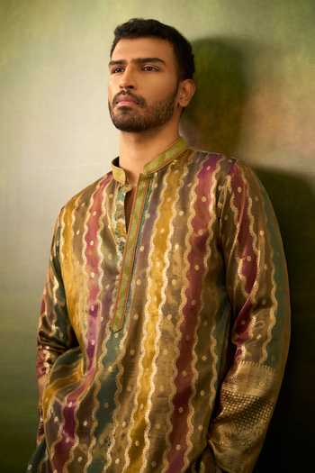 Shop Arihant Rai Sinha Multicolor Silk, Jacquard Stripe Pattern Kurta Set Online at Aza Fashions Shop_Arihant Rai Sinha_Multicolor Silk, Jacquard Stripe Pattern Kurta Set _Online_at_Aza_Fashions