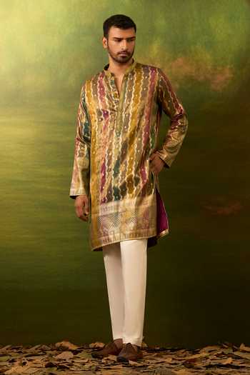 Shop Arihant Rai Sinha Multicolor Silk, Jacquard Stripe Pattern Kurta Set Shop_Arihant Rai Sinha_Multicolor Silk, Jacquard Stripe Pattern Kurta Set