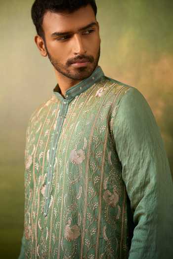 Shop Arihant Rai Sinha Green Silk Embroidered Kurta Set Online at Aza Fashions Shop_Arihant Rai Sinha_Green Silk Embroidered Kurta Set _Online_at_Aza_Fashions