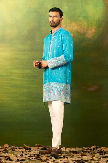 Shop Arihant Rai Sinha Blue Silk Abstract Pattern Kurta Set Shop_Arihant Rai Sinha_Blue Silk Abstract Pattern Kurta Set