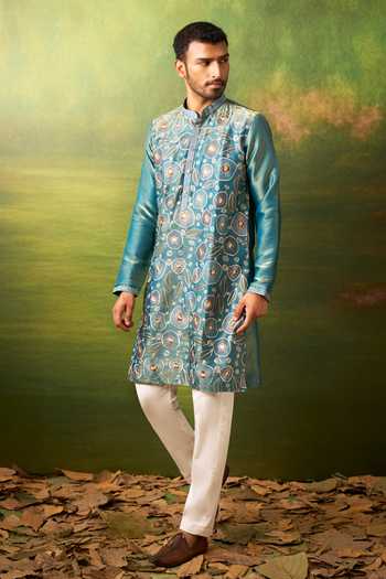 Arihant Rai Sinha Blue Silk Thread Work Kurta Set at Aza Fashions Arihant Rai Sinha_Blue Silk Thread Work Kurta Set _at_Aza_Fashions