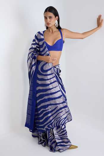 Ekaya Banaras Handwoven Dark Blue Silk Saree With Running Blouse 