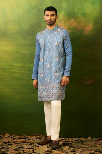Arihant Rai Sinha Sky Blue Silk Floral Stripe Embroidered Kurta Set at Aza Fashions Arihant Rai Sinha_Sky Blue Silk Floral Stripe Embroidered Kurta Set _at_Aza_Fashions