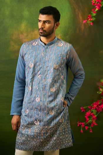 Shop Arihant Rai Sinha Sky Blue Silk Floral Stripe Embroidered Kurta Set Shop_Arihant Rai Sinha_Sky Blue Silk Floral Stripe Embroidered Kurta Set