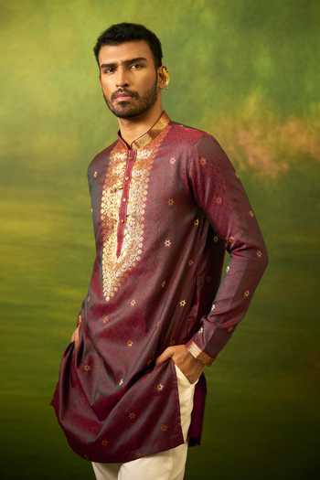 Buy Arihant Rai Sinha Wine Silk, Jacquard Flower Woven Kurta Set Buy_Arihant Rai Sinha_Wine Silk, Jacquard Flower Woven Kurta Set