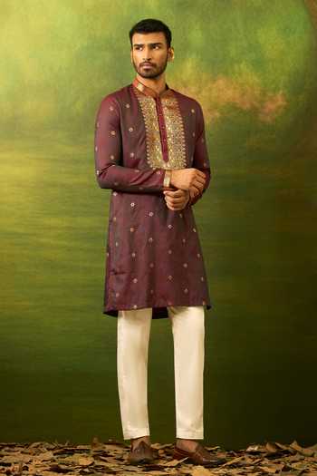 Shop Arihant Rai Sinha Wine Silk, Jacquard Flower Woven Kurta Set Shop_Arihant Rai Sinha_Wine Silk, Jacquard Flower Woven Kurta Set