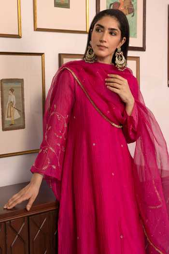Trendy Tokari Pink Silk, Chanderi, Cotton, Organza V-neck, Sleeve Embroidered A-line Kurta Set Online at Aza Fashions Trendy Tokari_Pink Silk, Chanderi, Cotton, Organza V-neck, Sleeve Embroidered A-line Kurta Set _Online_at_Aza_Fashions