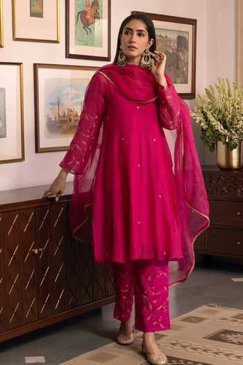 Buy Trendy Tokari Pink Silk, Chanderi, Cotton, Organza V-neck, Sleeve Embroidered A-line Kurta Set Online at Aza Fashions Buy_Trendy Tokari_Pink Silk, Chanderi, Cotton, Organza V-neck, Sleeve Embroidered A-line Kurta Set _Online_at_Aza_Fashions
