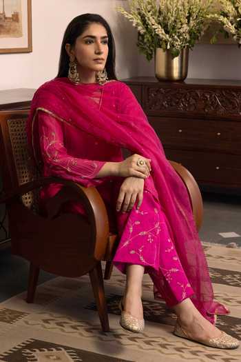 Shop Trendy Tokari Pink Silk, Chanderi, Cotton, Organza V-neck, Sleeve Embroidered A-line Kurta Set Online at Aza Fashions Shop_Trendy Tokari_Pink Silk, Chanderi, Cotton, Organza V-neck, Sleeve Embroidered A-line Kurta Set _Online_at_Aza_Fashions