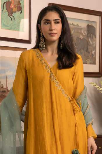Buy Trendy Tokari Yellow Silk, Chanderi, Cotton, Organza V-neck Neckline Embroidered Angarkha Set Online at Aza Fashions Buy_Trendy Tokari_Yellow Silk, Chanderi, Cotton, Organza V-neck Neckline Embroidered Angarkha Set _Online_at_Aza_Fashions