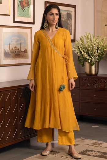 Shop Trendy Tokari Yellow Silk, Chanderi, Cotton, Organza V-neck Neckline Embroidered Angarkha Set Online at Aza Fashions Shop_Trendy Tokari_Yellow Silk, Chanderi, Cotton, Organza V-neck Neckline Embroidered Angarkha Set _Online_at_Aza_Fashions