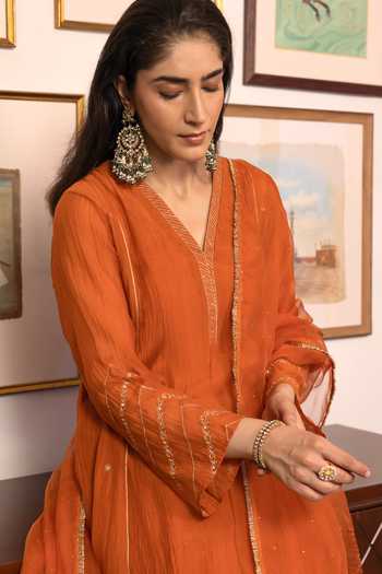 Buy Trendy Tokari Orange Silk, Chanderi, Cotton, Organza V-neck Hand Embroidered Kurta Set Online at Aza Fashions Buy_Trendy Tokari_Orange Silk, Chanderi, Cotton, Organza V-neck Hand Embroidered Kurta Set _Online_at_Aza_Fashions