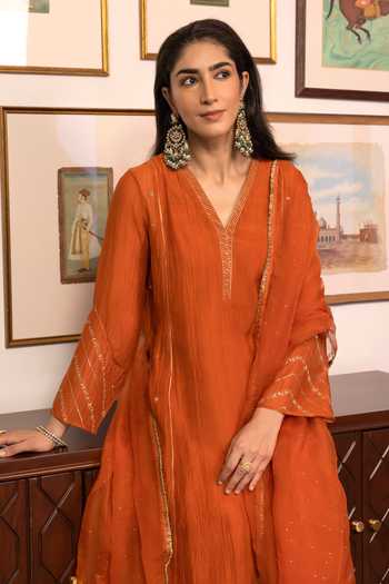 Shop Trendy Tokari Orange Silk, Chanderi, Cotton, Organza V-neck Hand Embroidered Kurta Set Online at Aza Fashions Shop_Trendy Tokari_Orange Silk, Chanderi, Cotton, Organza V-neck Hand Embroidered Kurta Set _Online_at_Aza_Fashions
