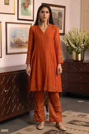 Shop Trendy Tokari Orange Silk, Chanderi, Cotton, Organza Zari Placement Embroidered Kurta Set Online at Aza Fashions Shop_Trendy Tokari_Orange Silk, Chanderi, Cotton, Organza Zari Placement Embroidered Kurta Set _Online_at_Aza_Fashions