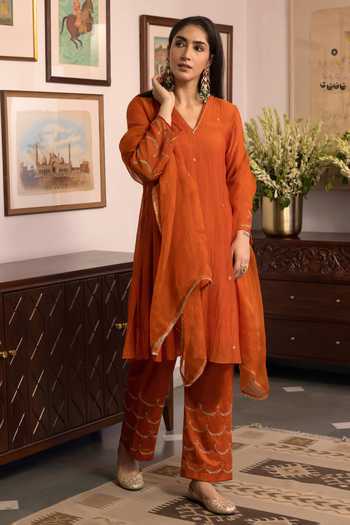 Trendy Tokari Orange Silk, Chanderi, Cotton, Organza Zari Placement Embroidered Kurta Set at Aza Fashions Trendy Tokari_Orange Silk, Chanderi, Cotton, Organza Zari Placement Embroidered Kurta Set _at_Aza_Fashions