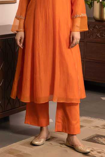 Trendy Tokari_Orange Silk, Chanderi, Cotton, Organza Split Placement Embroidered Kurta Set _Online_at_Aza_Fashions