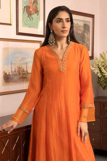 Buy_Trendy Tokari_Orange Silk, Chanderi, Cotton, Organza Split Placement Embroidered Kurta Set _Online_at_Aza_Fashions