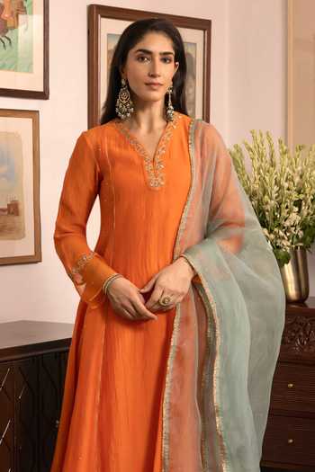 Shop_Trendy Tokari_Orange Silk, Chanderi, Cotton, Organza Split Placement Embroidered Kurta Set _Online_at_Aza_Fashions