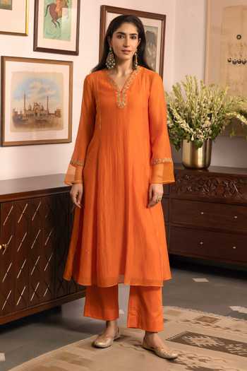 Trendy Tokari_Orange Silk, Chanderi, Cotton, Organza Split Placement Embroidered Kurta Set _at_Aza_Fashions