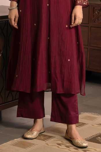 Trendy Tokari Maroon Silk, Chanderi, Cotton, Organza V-neck Hand Embroidered Kurta Pant Set Online at Aza Fashions Trendy Tokari_Maroon Silk, Chanderi, Cotton, Organza V-neck Hand Embroidered Kurta Pant Set _Online_at_Aza_Fashions