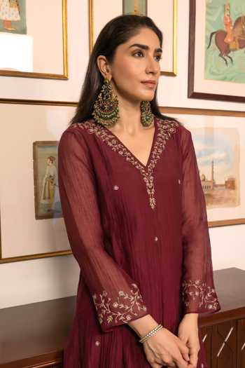 Shop Trendy Tokari Maroon Silk, Chanderi, Cotton, Organza V-neck Hand Embroidered Kurta Pant Set Online at Aza Fashions Shop_Trendy Tokari_Maroon Silk, Chanderi, Cotton, Organza V-neck Hand Embroidered Kurta Pant Set _Online_at_Aza_Fashions