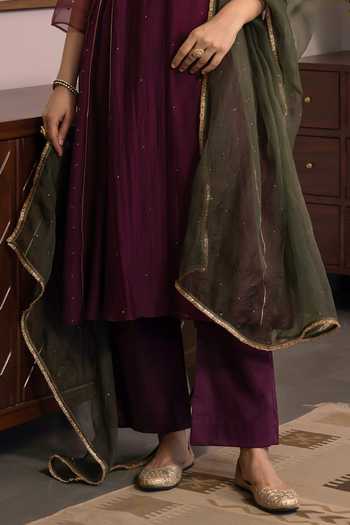 Trendy Tokari_Wine Silk, Chanderi, Cotton, Organza V-neck Hand Embroidered Kurta Set _Online_at_Aza_Fashions