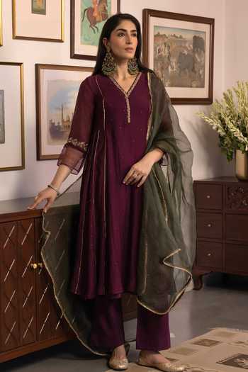 Trendy Tokari_Wine Silk, Chanderi, Cotton, Organza V-neck Hand Embroidered Kurta Set _at_Aza_Fashions