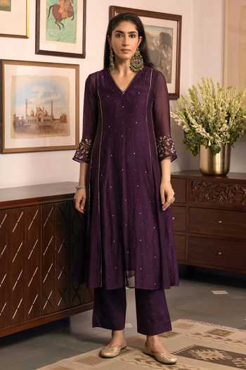 Shop Trendy Tokari Purple Silk, Chanderi, Cotton, Organza V-neck, Yes Embroidered Kurta Set Online at Aza Fashions Shop_Trendy Tokari_Purple Silk, Chanderi, Cotton, Organza V-neck, Yes Embroidered Kurta Set _Online_at_Aza_Fashions