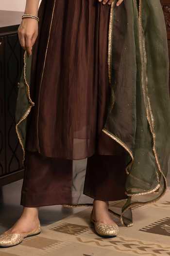Trendy Tokari Brown Silk, Chanderi, Cotton, Organza V-neck Zari Hand Embroidered Kurta Set Online at Aza Fashions Trendy Tokari_Brown Silk, Chanderi, Cotton, Organza V-neck Zari Hand Embroidered Kurta Set _Online_at_Aza_Fashions