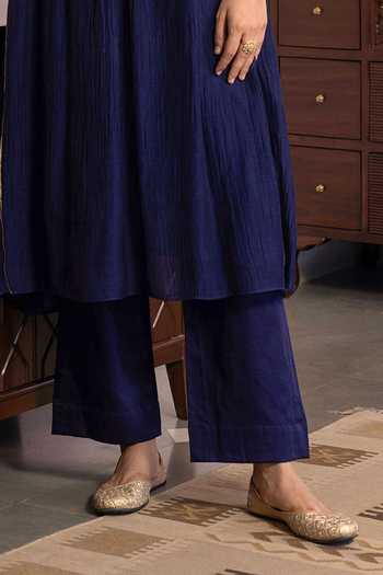Trendy Tokari Blue Silk, Chanderi, Cotton, Organza Split Hand Embroidered Kurta Pant Set Online at Aza Fashions Trendy Tokari_Blue Silk, Chanderi, Cotton, Organza Split Hand Embroidered Kurta Pant Set _Online_at_Aza_Fashions