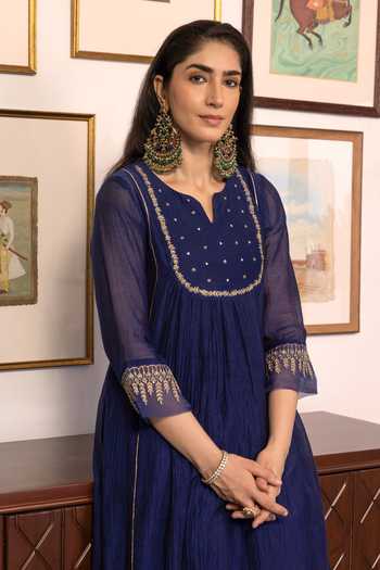 Buy Trendy Tokari Blue Silk, Chanderi, Cotton, Organza Split Hand Embroidered Kurta Pant Set Online at Aza Fashions Buy_Trendy Tokari_Blue Silk, Chanderi, Cotton, Organza Split Hand Embroidered Kurta Pant Set _Online_at_Aza_Fashions
