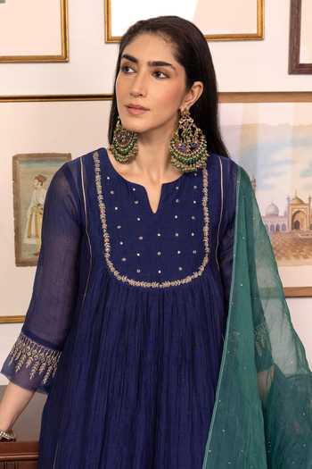 Shop Trendy Tokari Blue Silk, Chanderi, Cotton, Organza Split Hand Embroidered Kurta Pant Set Online at Aza Fashions Shop_Trendy Tokari_Blue Silk, Chanderi, Cotton, Organza Split Hand Embroidered Kurta Pant Set _Online_at_Aza_Fashions